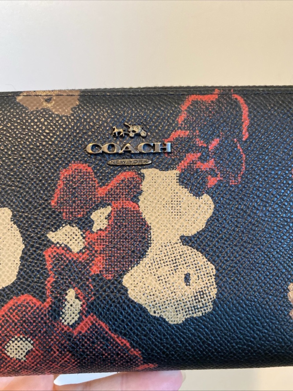 Coach Accordion Black Floral Zip Wallet with Cream and Red Accents